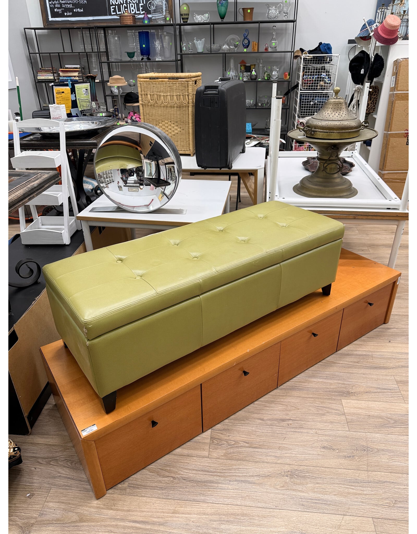 Modern Lift-Top Storage Ottoman in Faux Leather Green