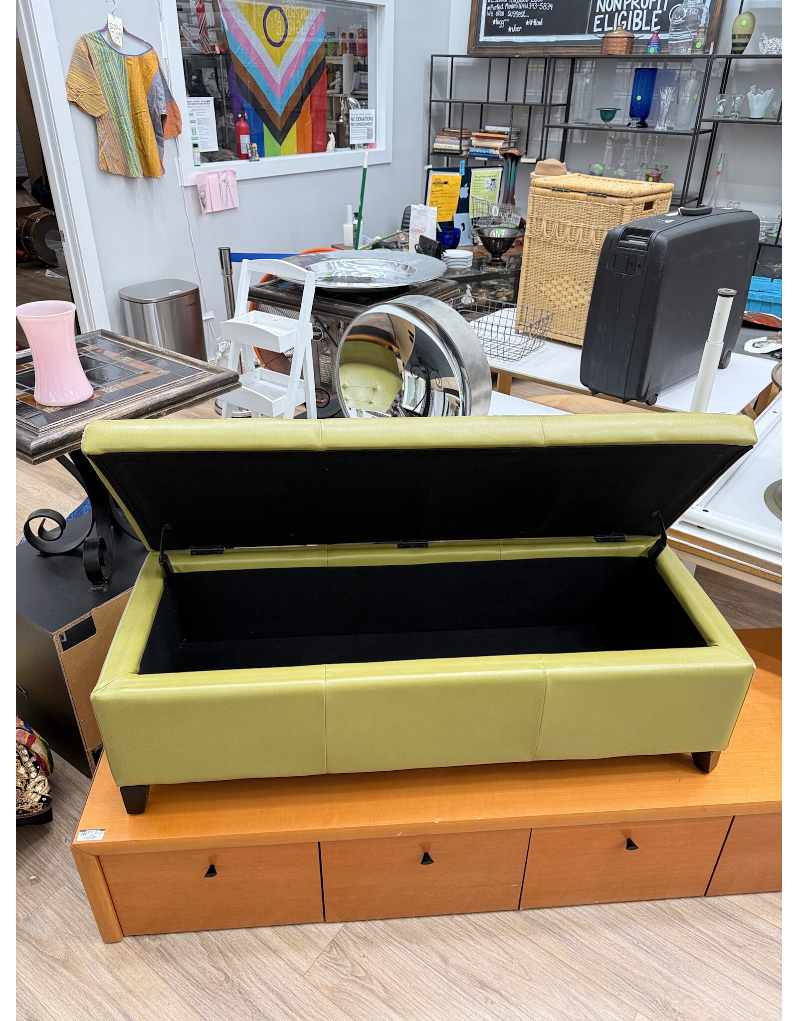 Modern Lift-Top Storage Ottoman in Faux Leather Green