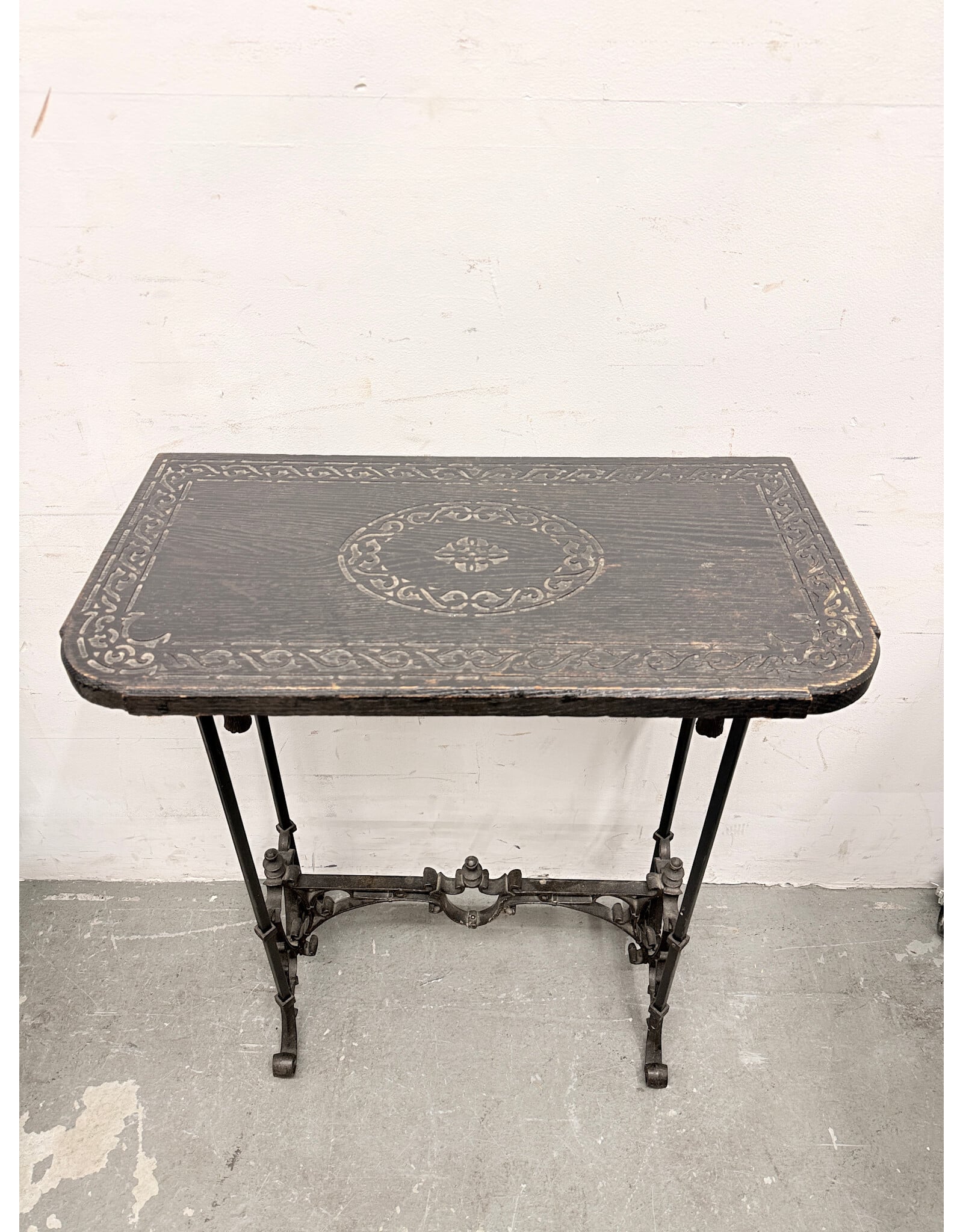 Vintage Style Rectangular Accent Table featuring Carved Dark Wood Top