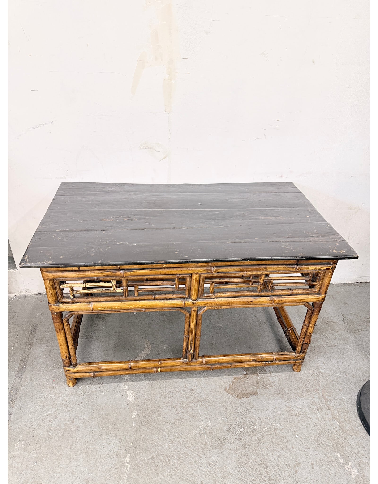 Vintage Chinese Black Lacquer & Bamboo Table