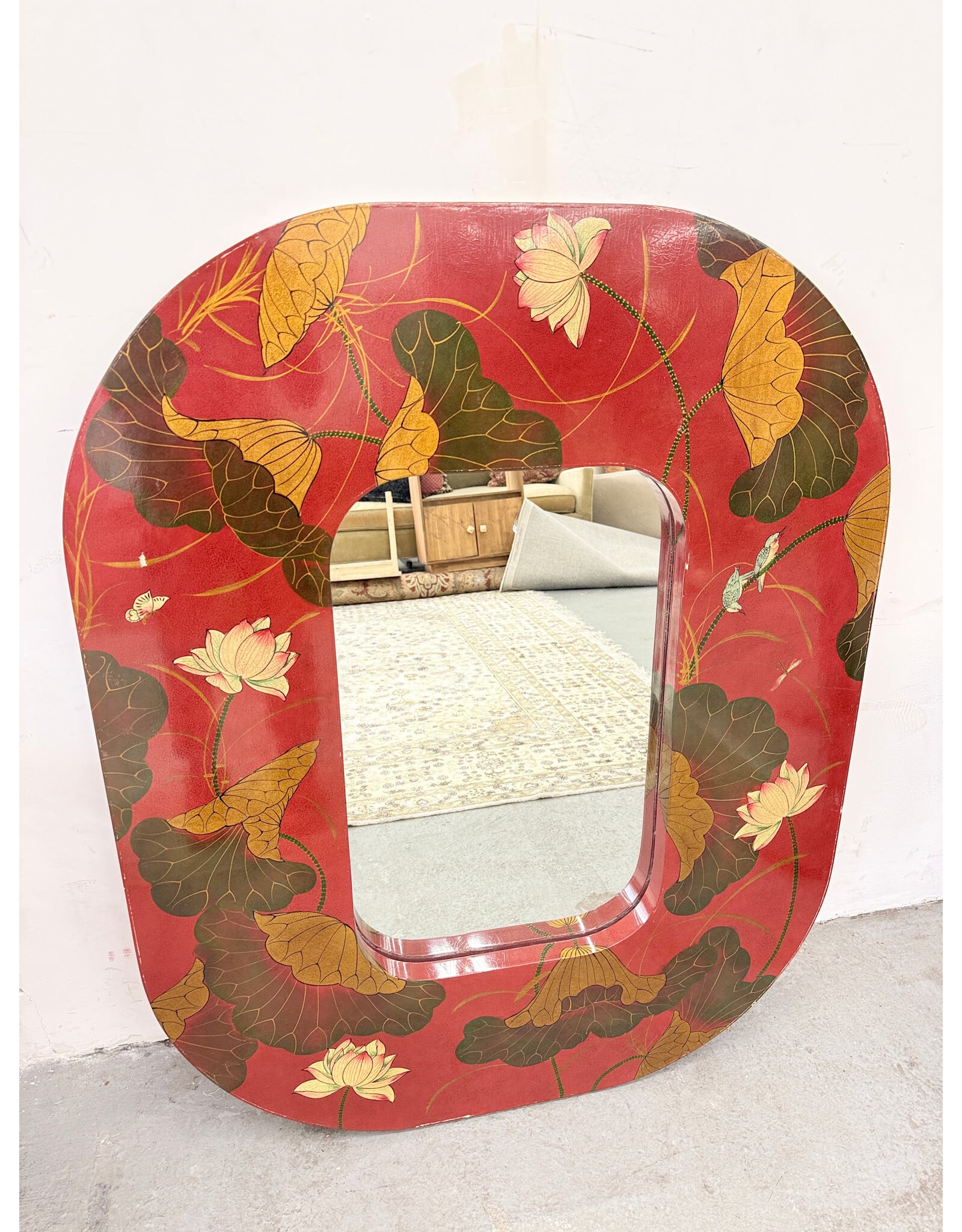 Vintage Handpainted Lacquered Mirror, Birds Flowers & Butterfly
