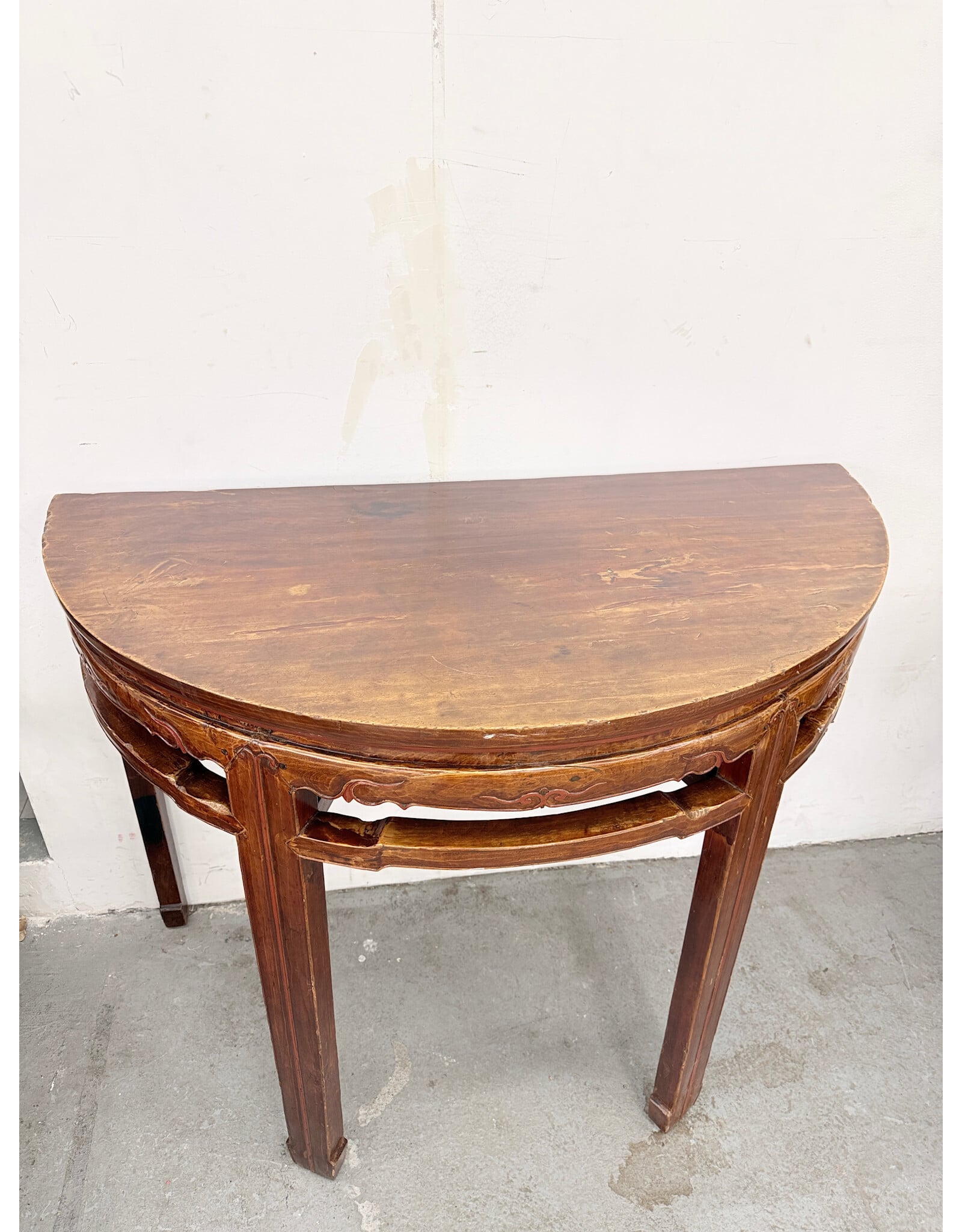 Antique Chinese Lacquered Hardwood Demi Lunz Table
