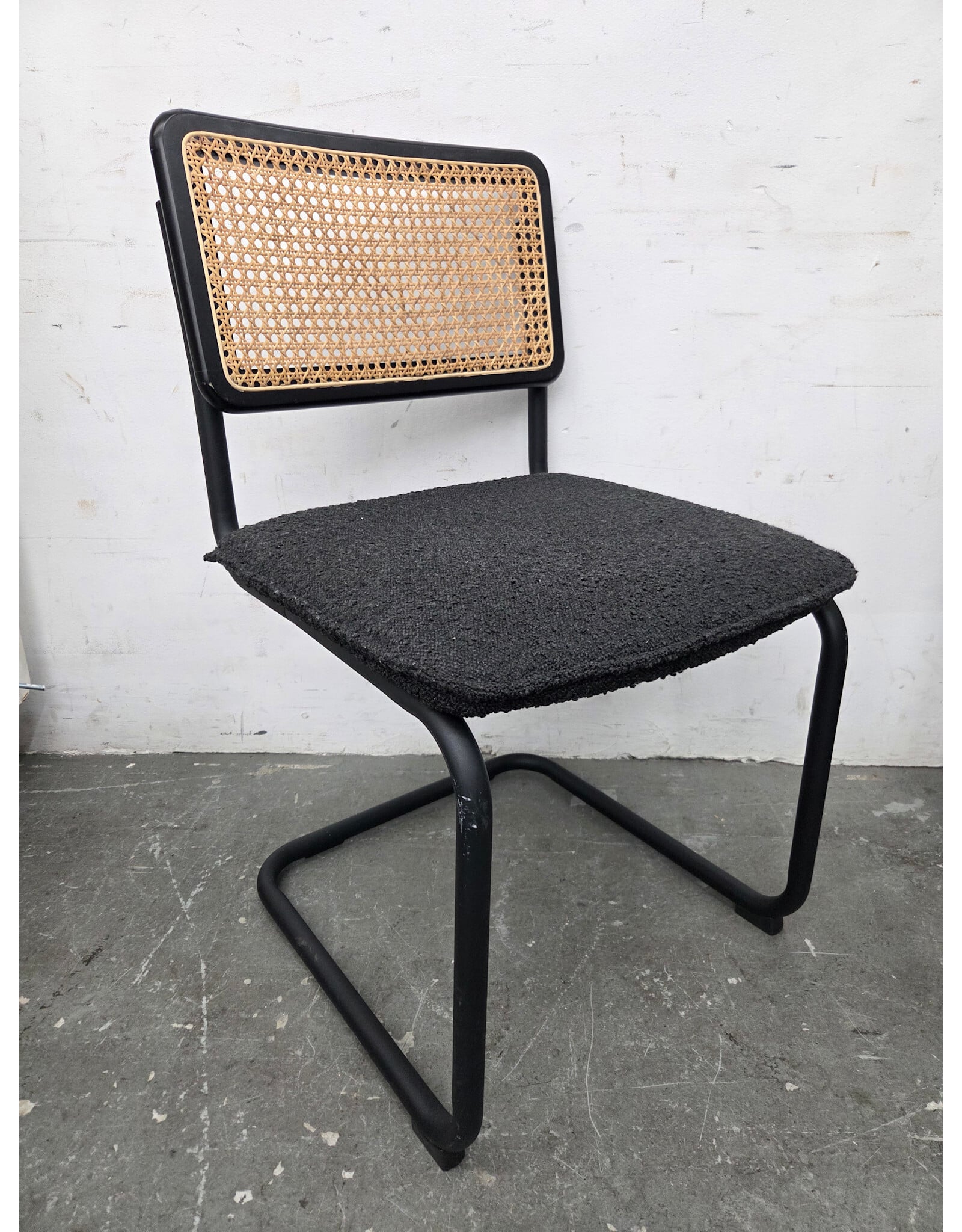Modern Cantilever Cane Back with Boucle Seat Side Chair