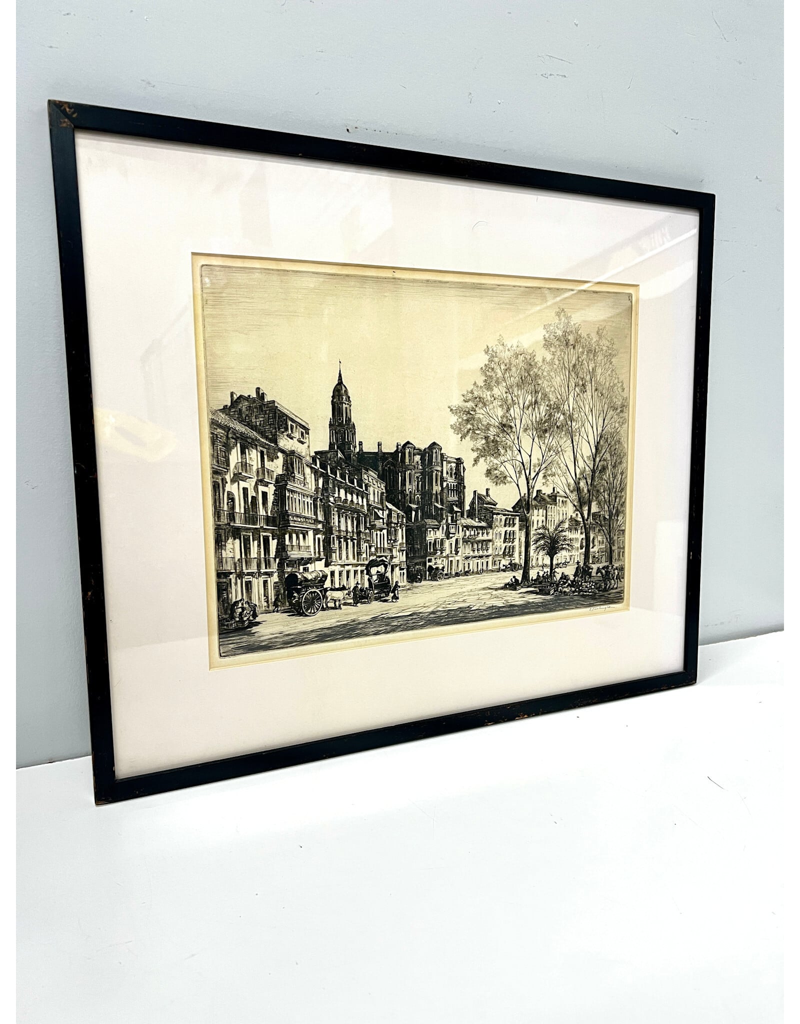 Continental Street Scene, framed etching by Sydney Tushingham