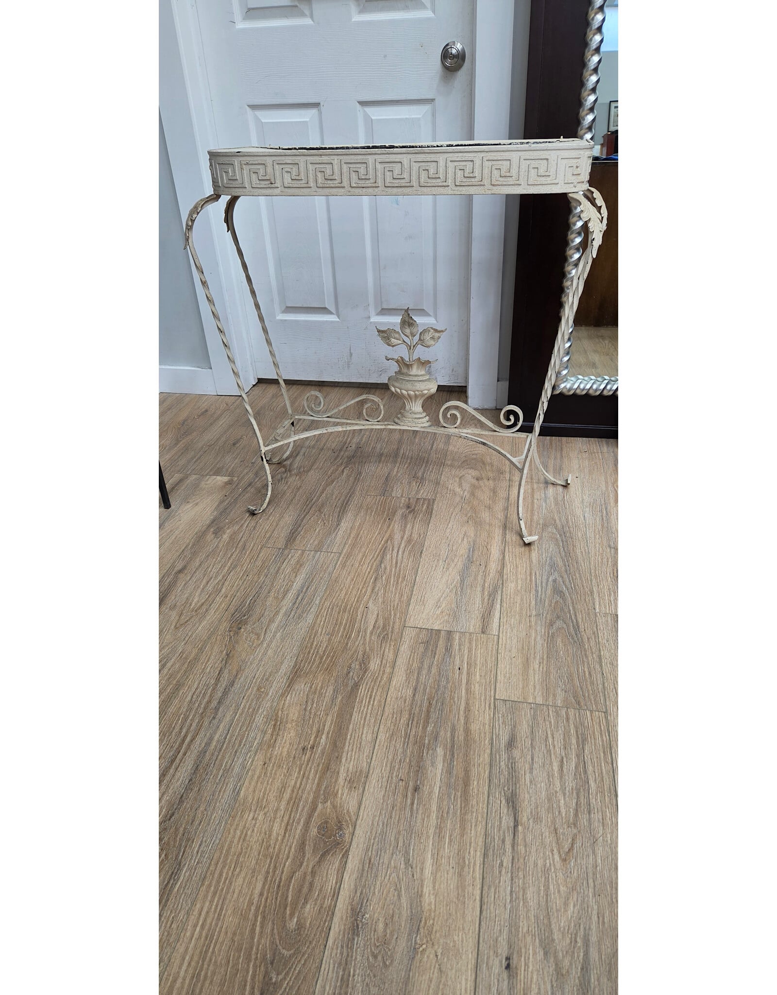 Vintage White Wrought Iron Narrow Table with a Greek Key Pattern
