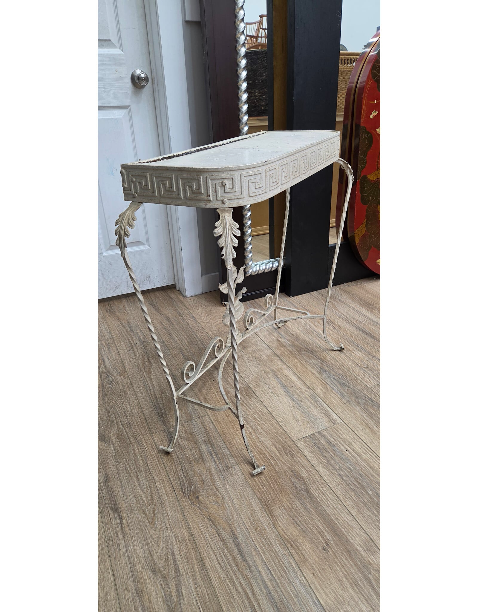 Vintage White Wrought Iron Narrow Table with a Greek Key Pattern