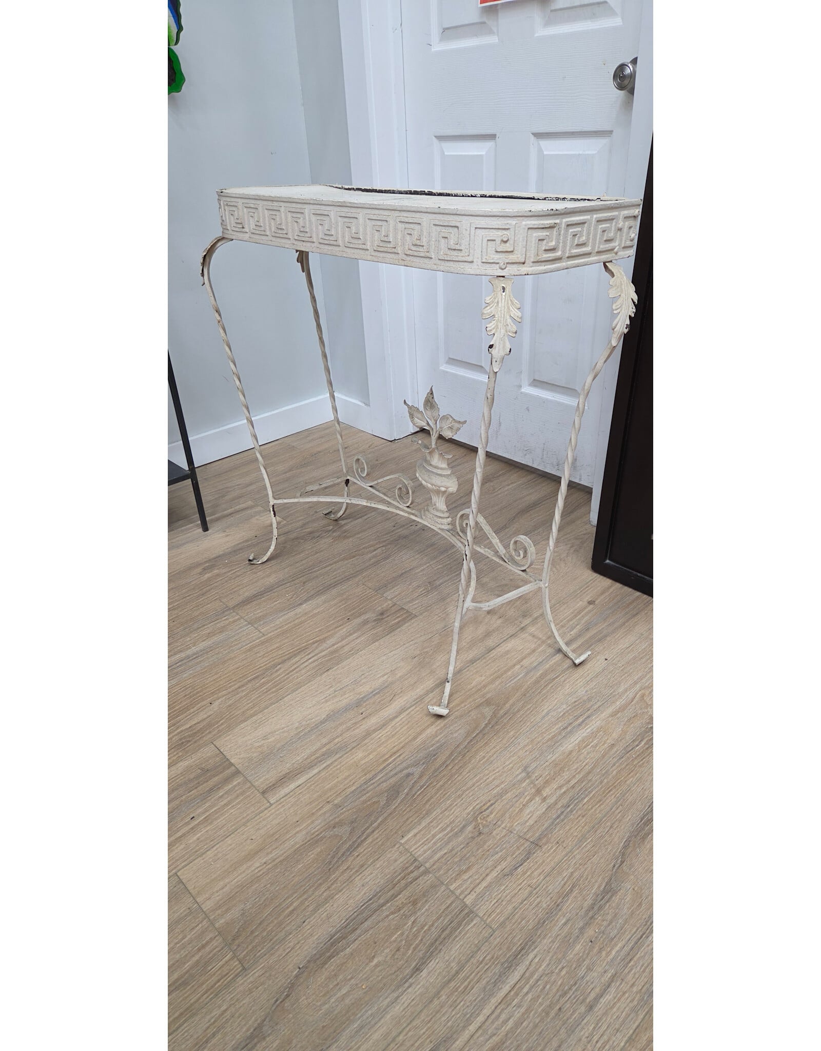 Vintage White Wrought Iron Narrow Table with a Greek Key Pattern