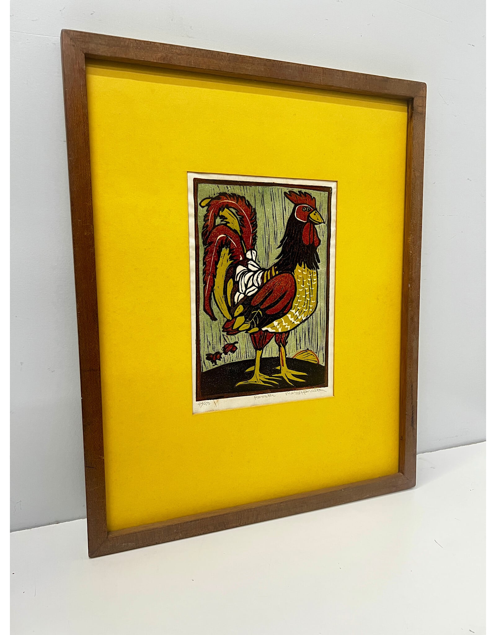 Rooster, framed linocut, sgnd Mary Hamilton 44/53--AS IS
