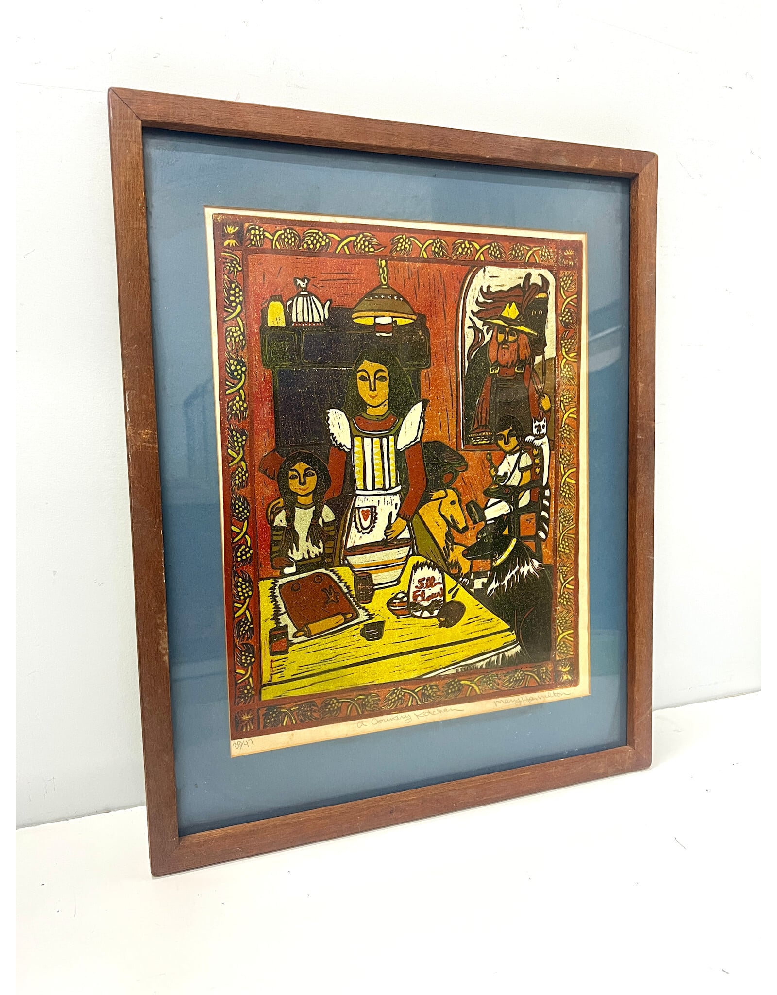 Country Kitchen, framed woodcut print, sgnd Mary Hamilton 39/47