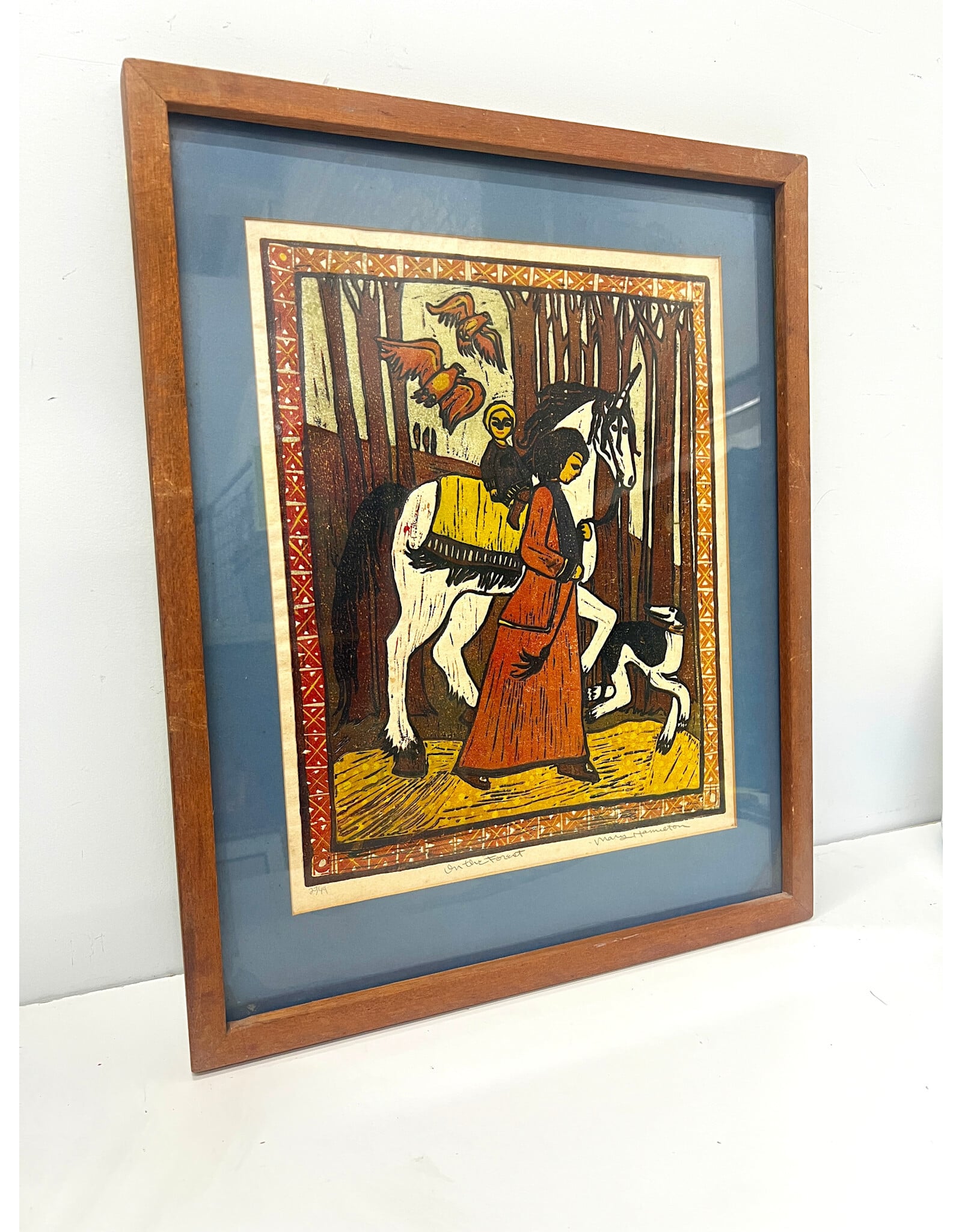 In the Forest, framed woodcut print, sgnd Mary Hamilton 27/44