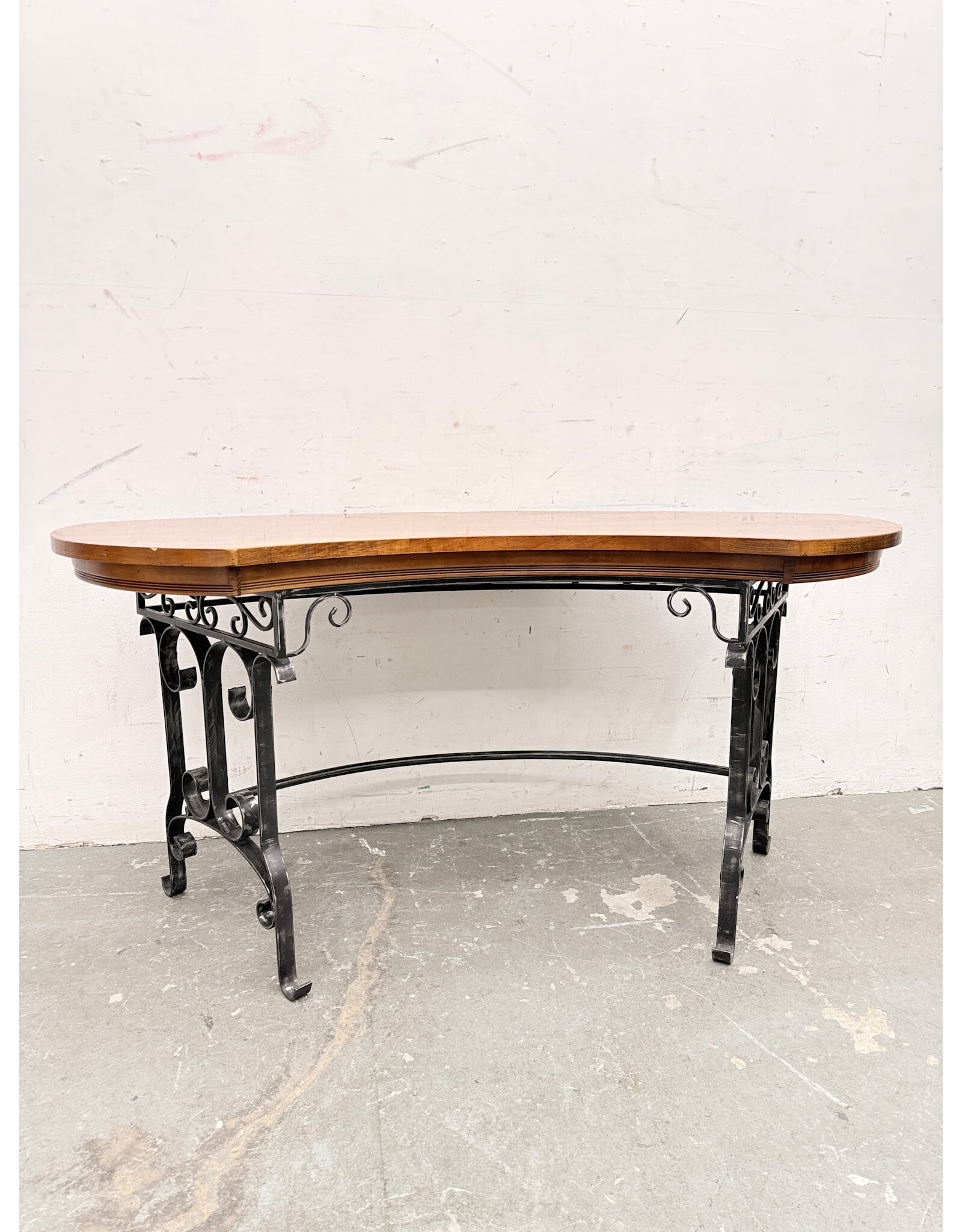 Curved Wooden Desk with Scrolled Iron Base
