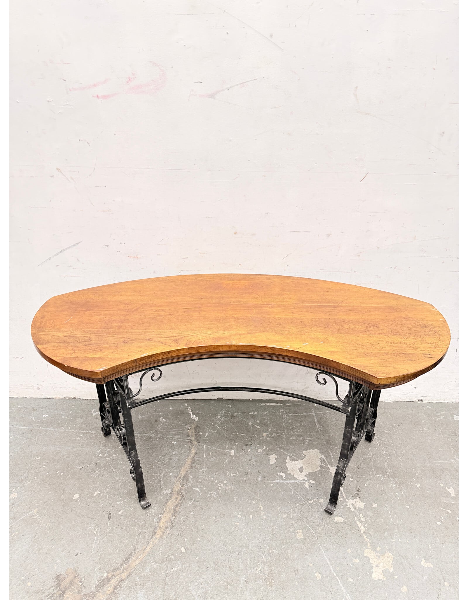 Curved Wooden Desk with Scrolled Iron Base