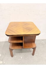 Vintage-Style Wooden Art Deco Side Table, Geometric Veneer Top