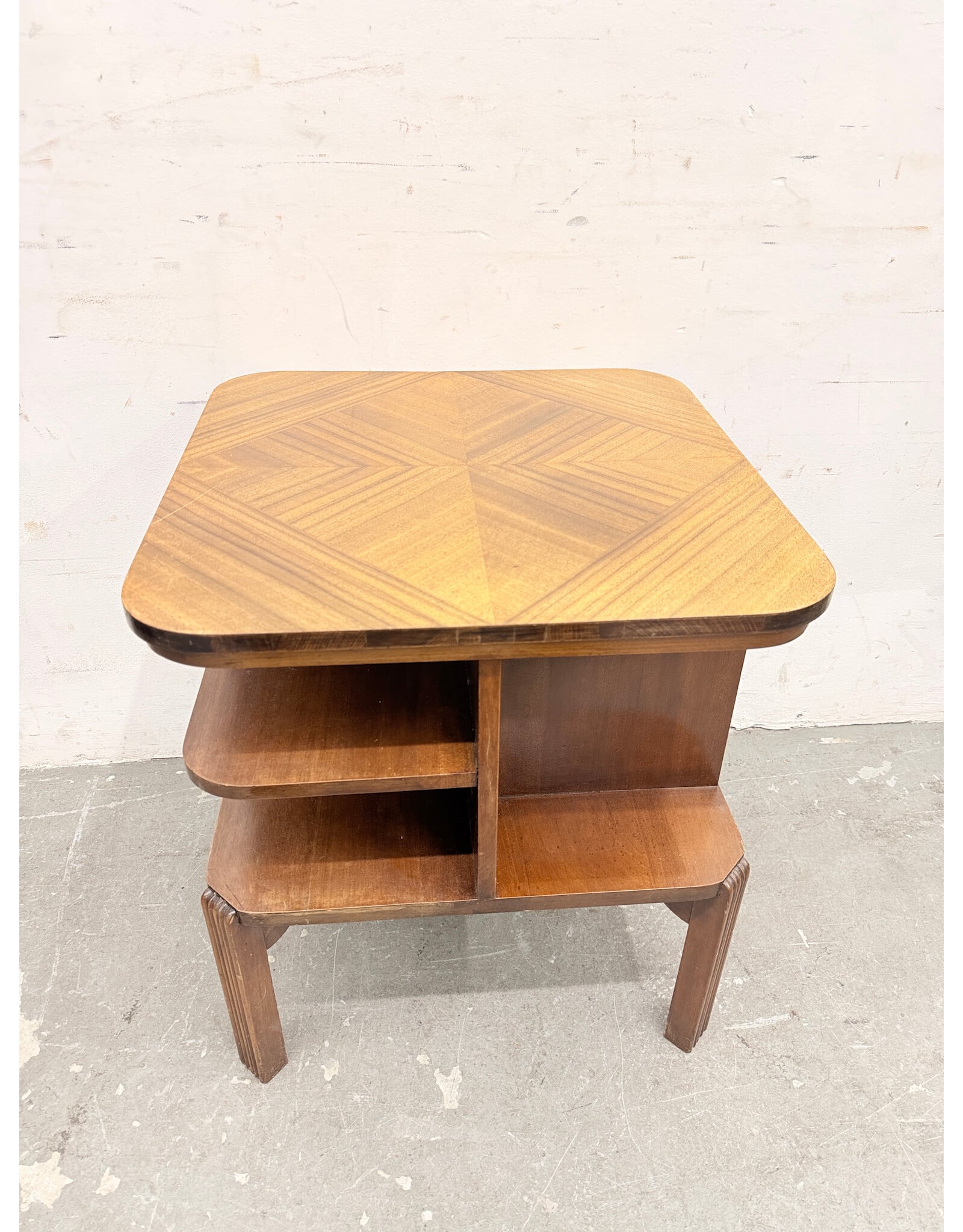 Vintage-Style Wooden Art Deco Side Table, Geometric Veneer Top