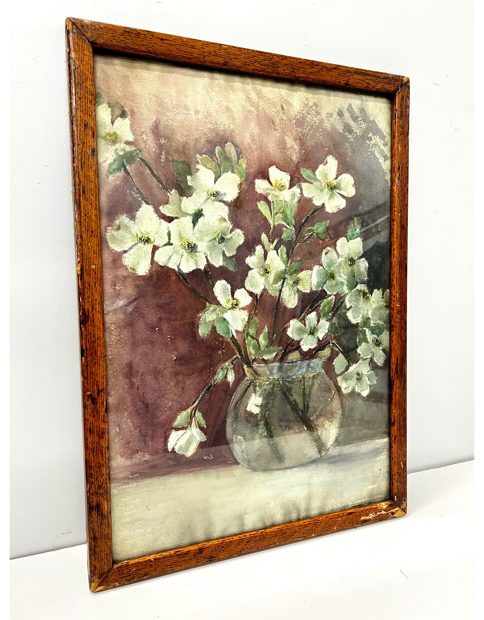 White Blossom Still Life, framed watercolor painting