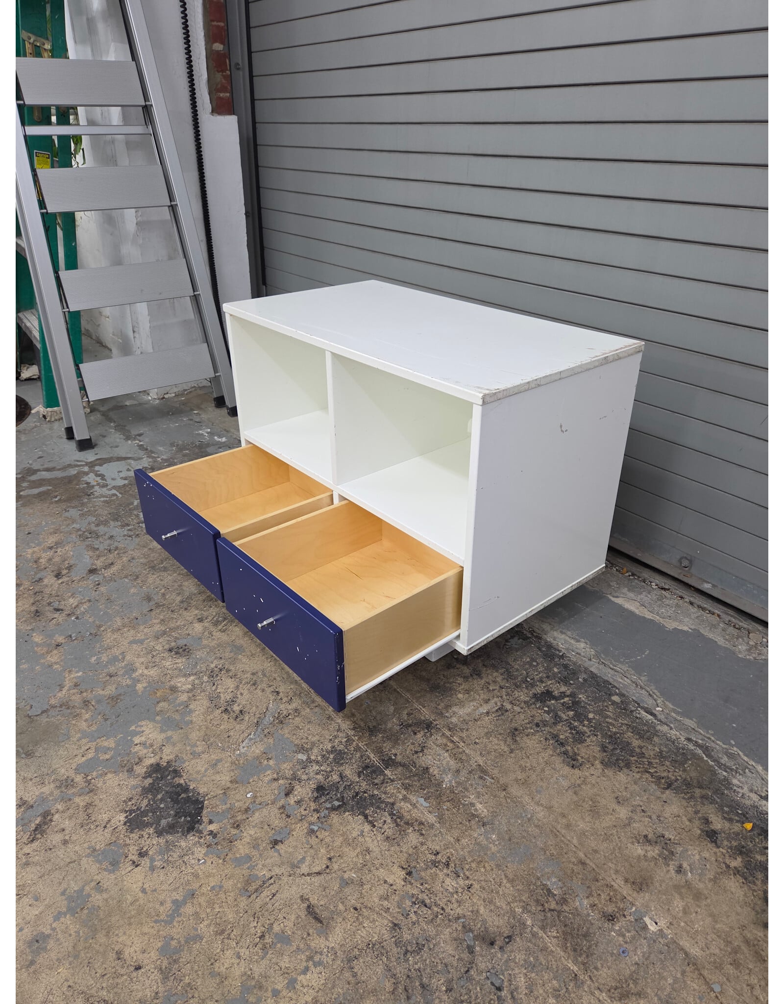 Retro White Modular Storage Unit, White Body, Two Upper Cubbies and Two Drawers