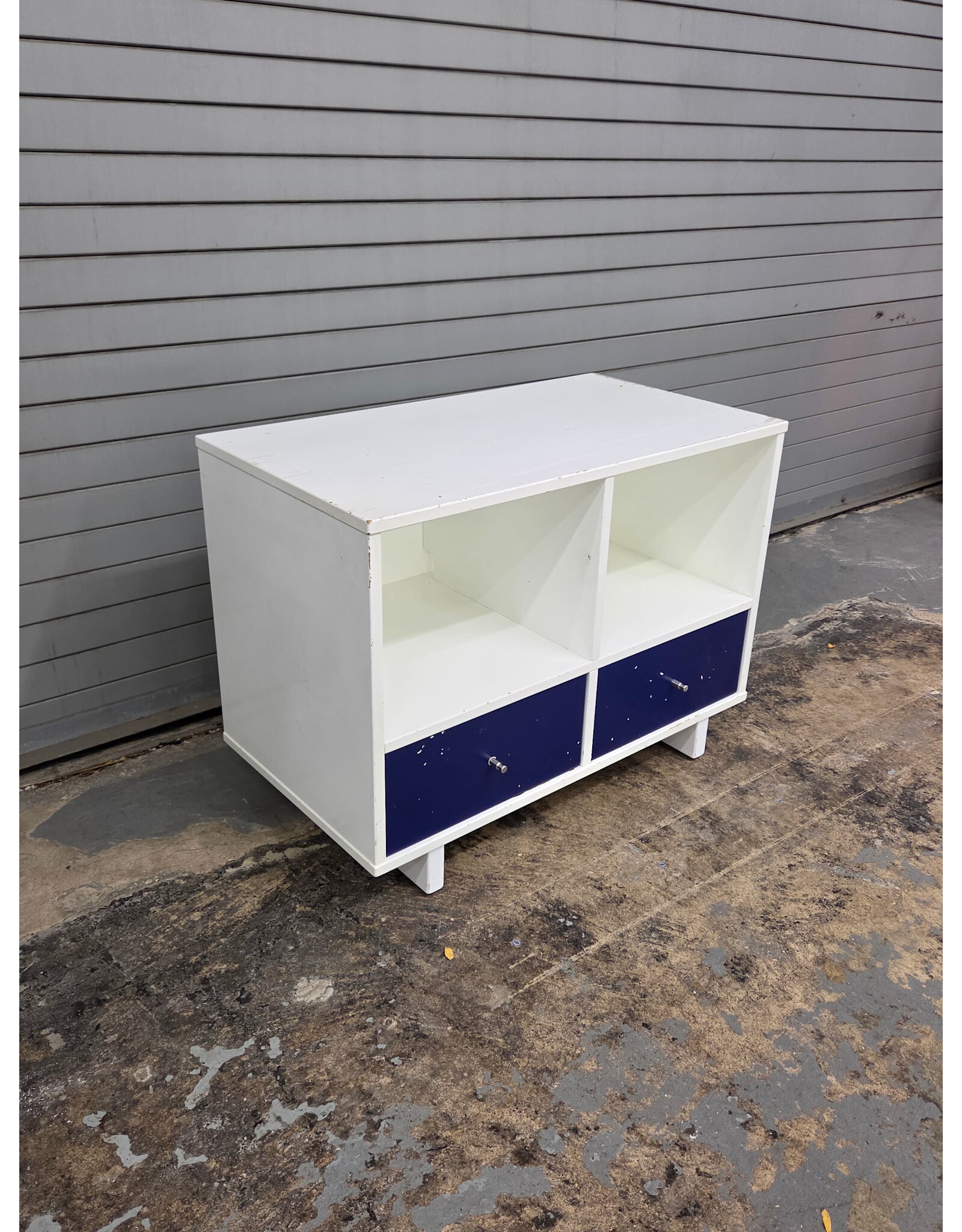 Retro White Modular Storage Unit, White Body, Two Upper Cubbies and Two Drawers