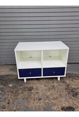 Retro White Modular Storage Unit, White Body, Two Upper Cubbies and Two Drawers
