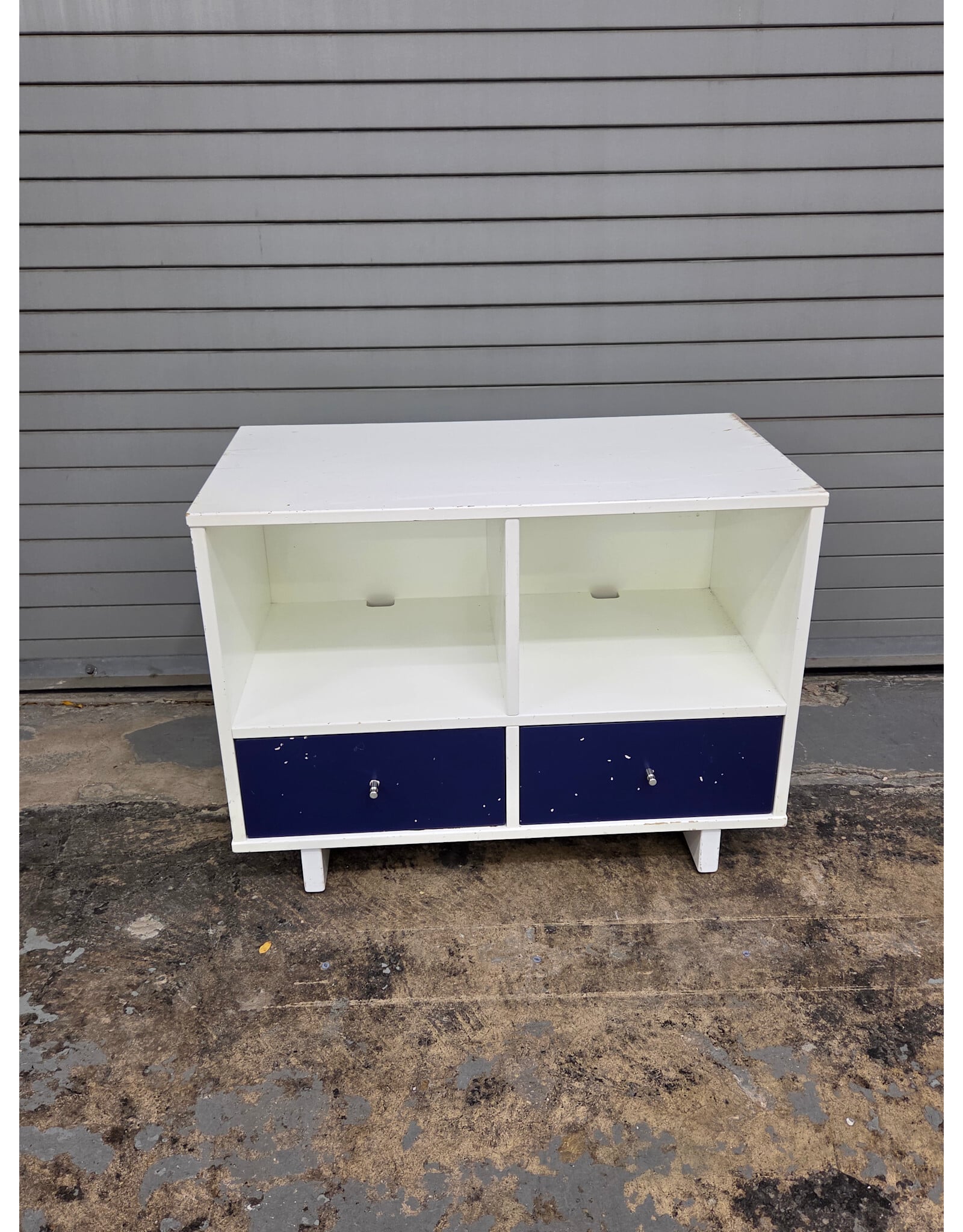 Retro White Modular Storage Unit, White Body, Two Upper Cubbies and Two Drawers