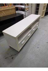Modern White TV Stand with Four Lower Pull-Out Drawers and Open Upper Shelving Compartments