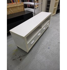 Modern White TV Stand with Four Lower Pull-Out Drawers and Open Upper Shelving Compartments