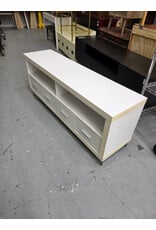 Modern White TV Stand with Four Lower Pull-Out Drawers and Open Upper Shelving Compartments