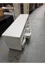 Modern White TV Stand with Four Lower Pull-Out Drawers and Open Upper Shelving Compartments