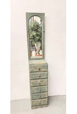 Green-Painted Wooden Mirror-Topped Storage Tower, 6-Drawers