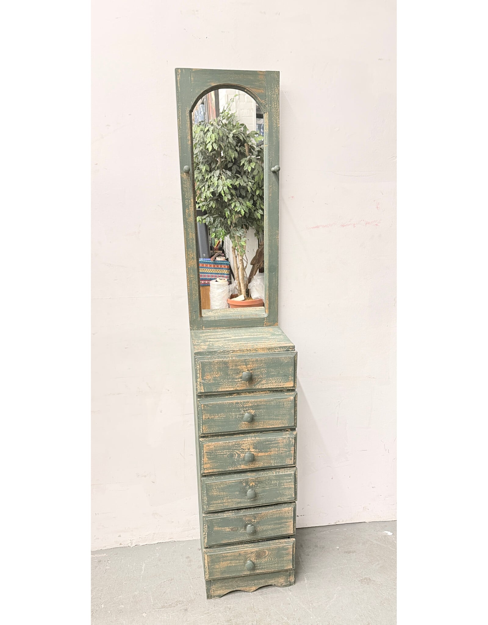 Green-Painted Wooden Mirror-Topped Storage Tower, 6-Drawers