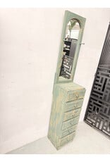 Green-Painted Wooden Mirror-Topped Storage Tower, 6-Drawers
