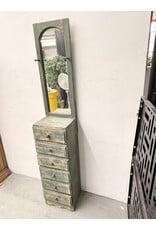 Green-Painted Wooden Mirror-Topped Storage Tower, 6-Drawers