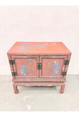 Vintage-Style Chinese 2-Door Red Cabinet features Hand-Painted Avian (Bird) & Floral Chinoiserie Motifs