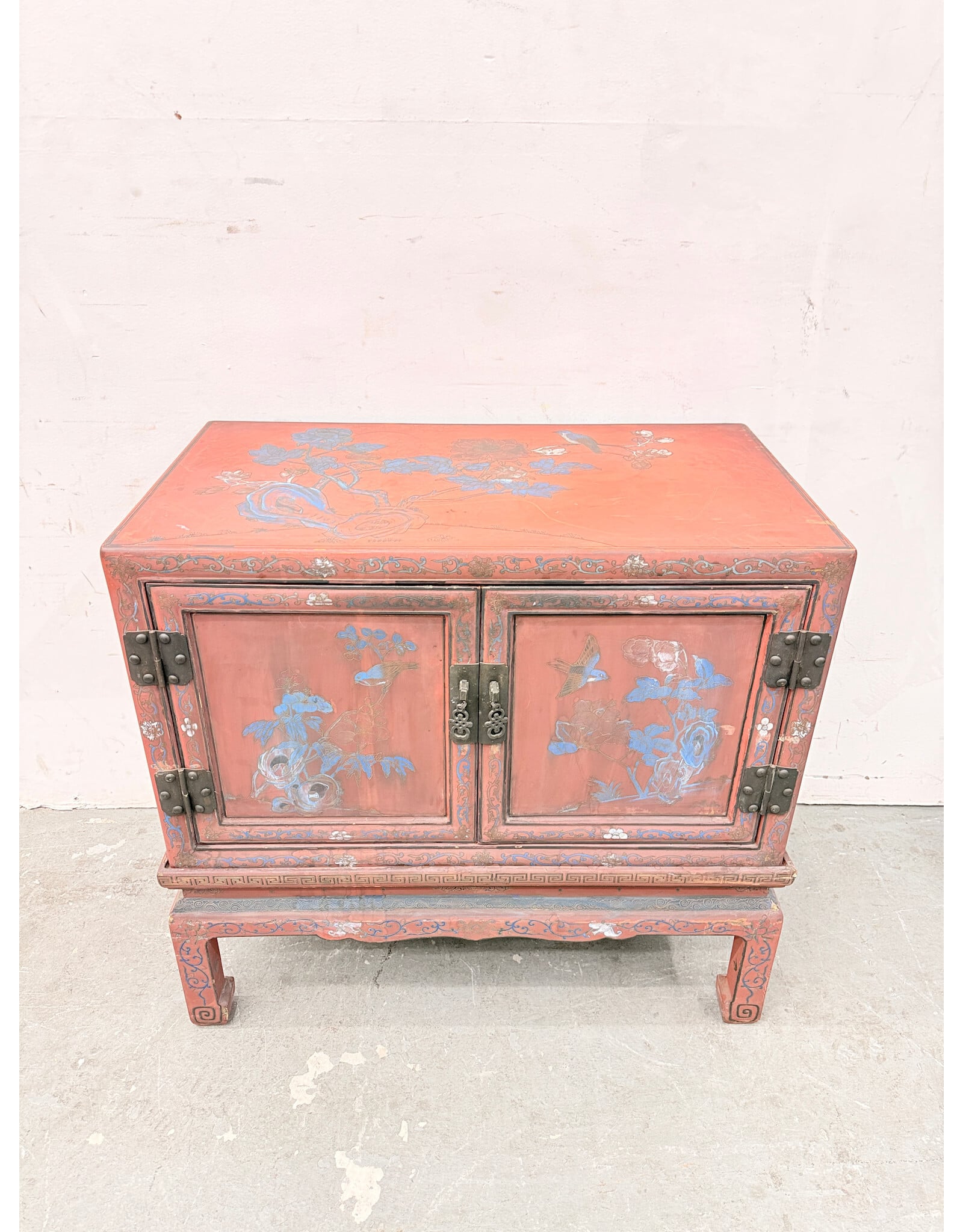 Vintage-Style Chinese 2-Door Red Cabinet features Hand-Painted Avian (Bird) & Floral Chinoiserie Motifs