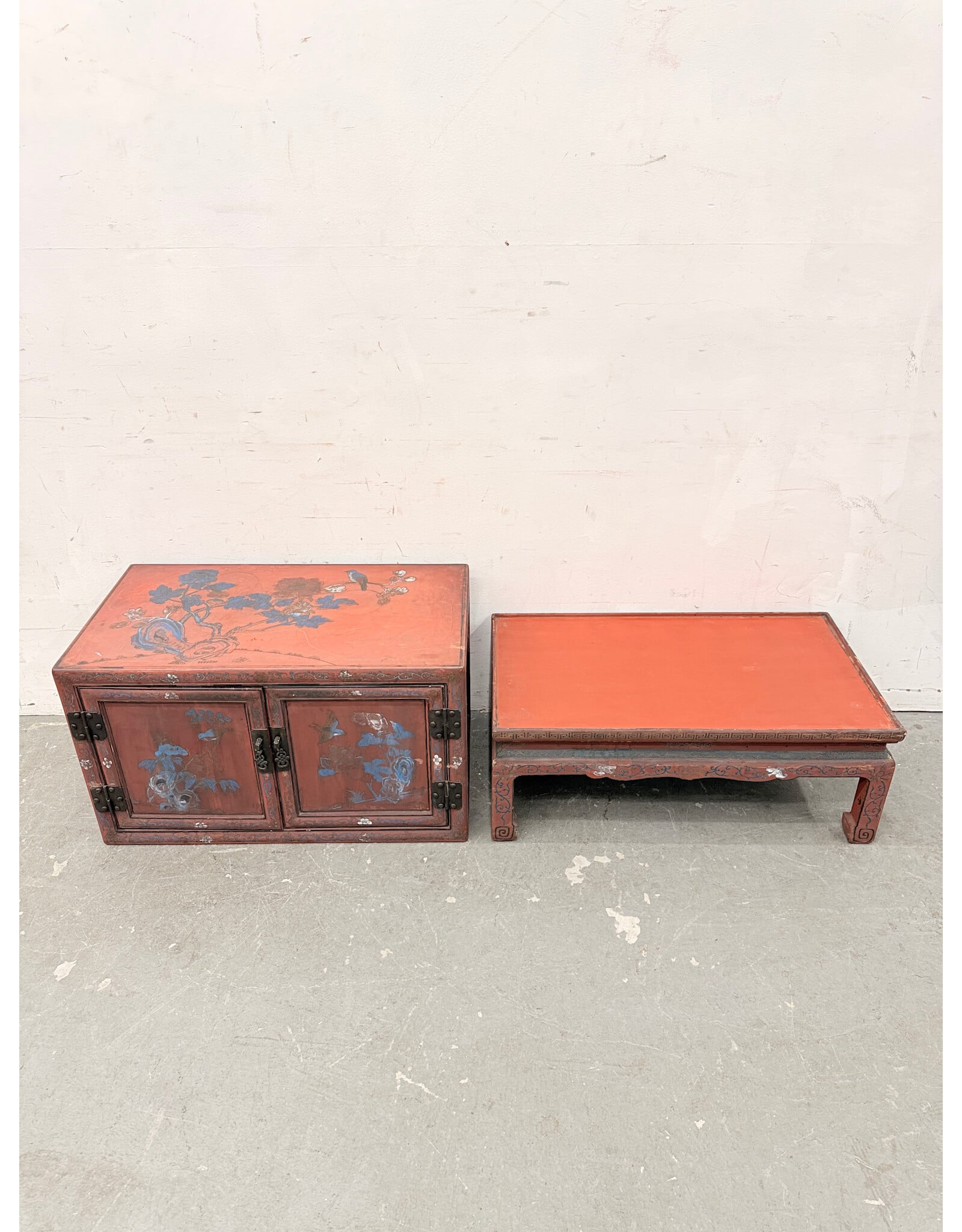 Vintage-Style Chinese 2-Door Red Cabinet features Hand-Painted Avian (Bird) & Floral Chinoiserie Motifs