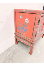 Vintage-Style Chinese 2-Door Red Cabinet features Hand-Painted Avian (Bird) & Floral Chinoiserie Motifs