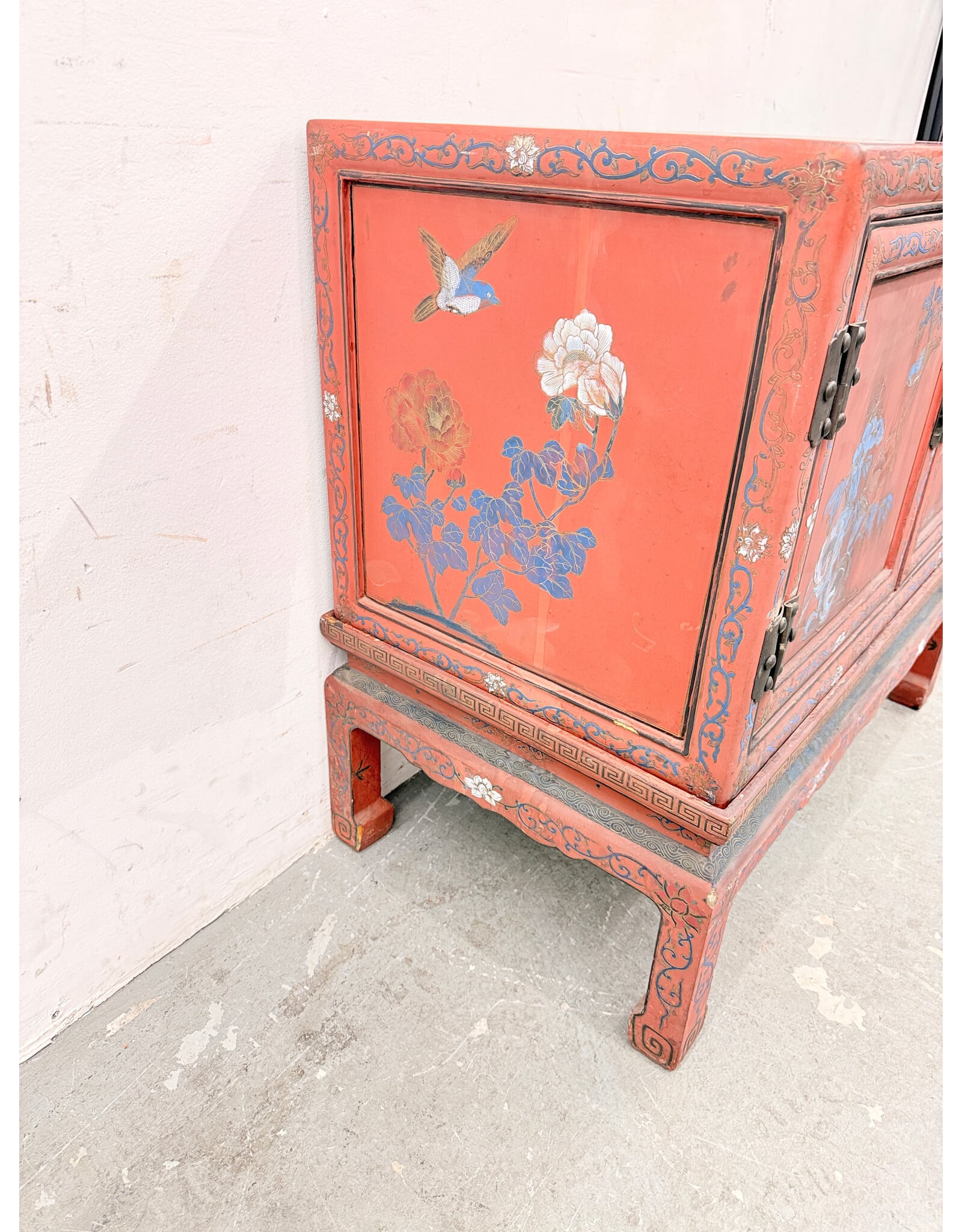 Vintage-Style Chinese 2-Door Red Cabinet features Hand-Painted Avian (Bird) & Floral Chinoiserie Motifs
