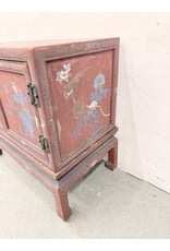 Vintage-Style Chinese 2-Door Red Cabinet features Hand-Painted Avian (Bird) & Floral Chinoiserie Motifs