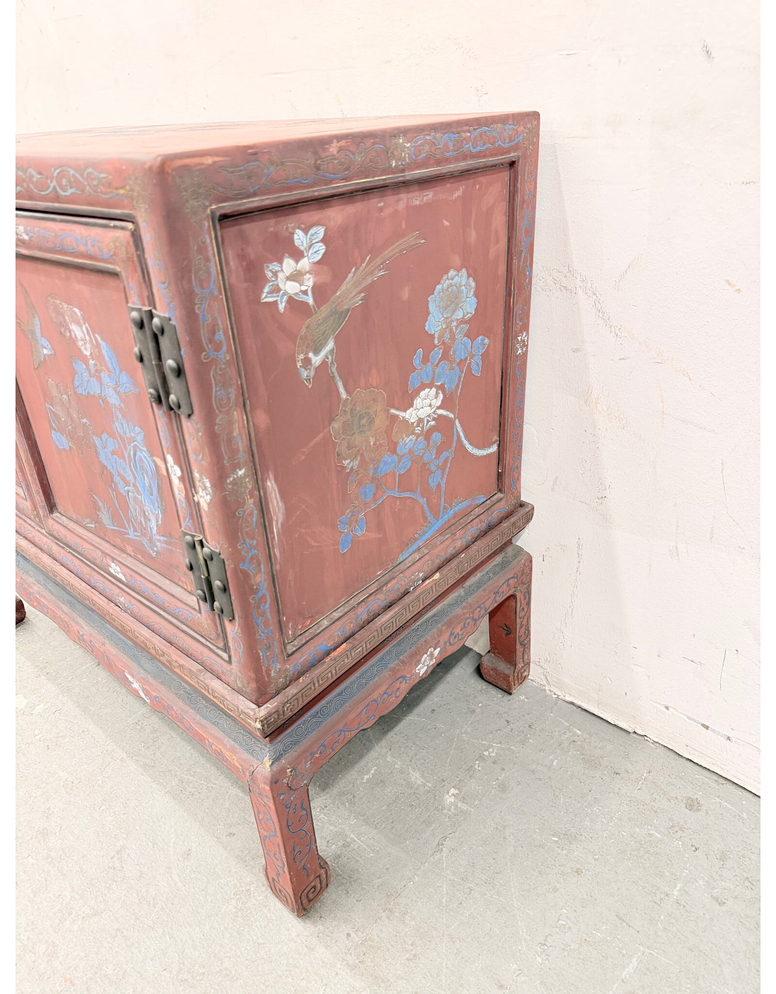 Vintage-Style Chinese 2-Door Red Cabinet features Hand-Painted Avian (Bird) & Floral Chinoiserie Motifs