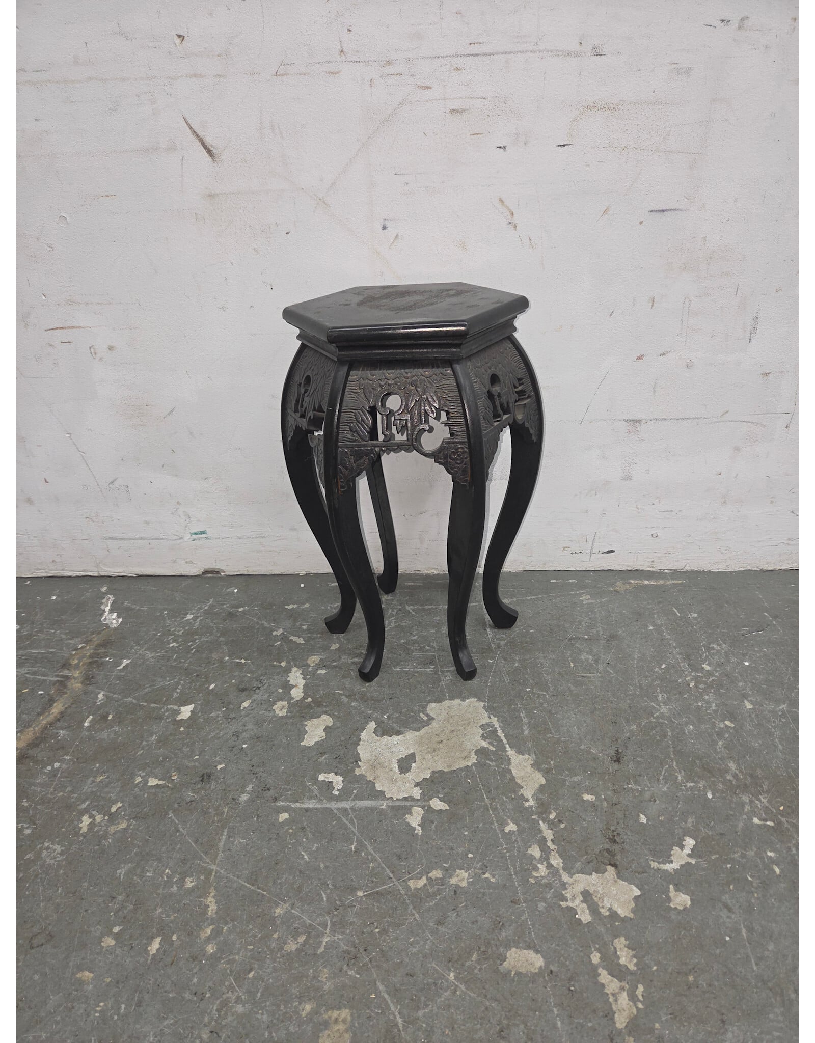 Vintage Chinese Carved Wood Hexagonal Plant Stand