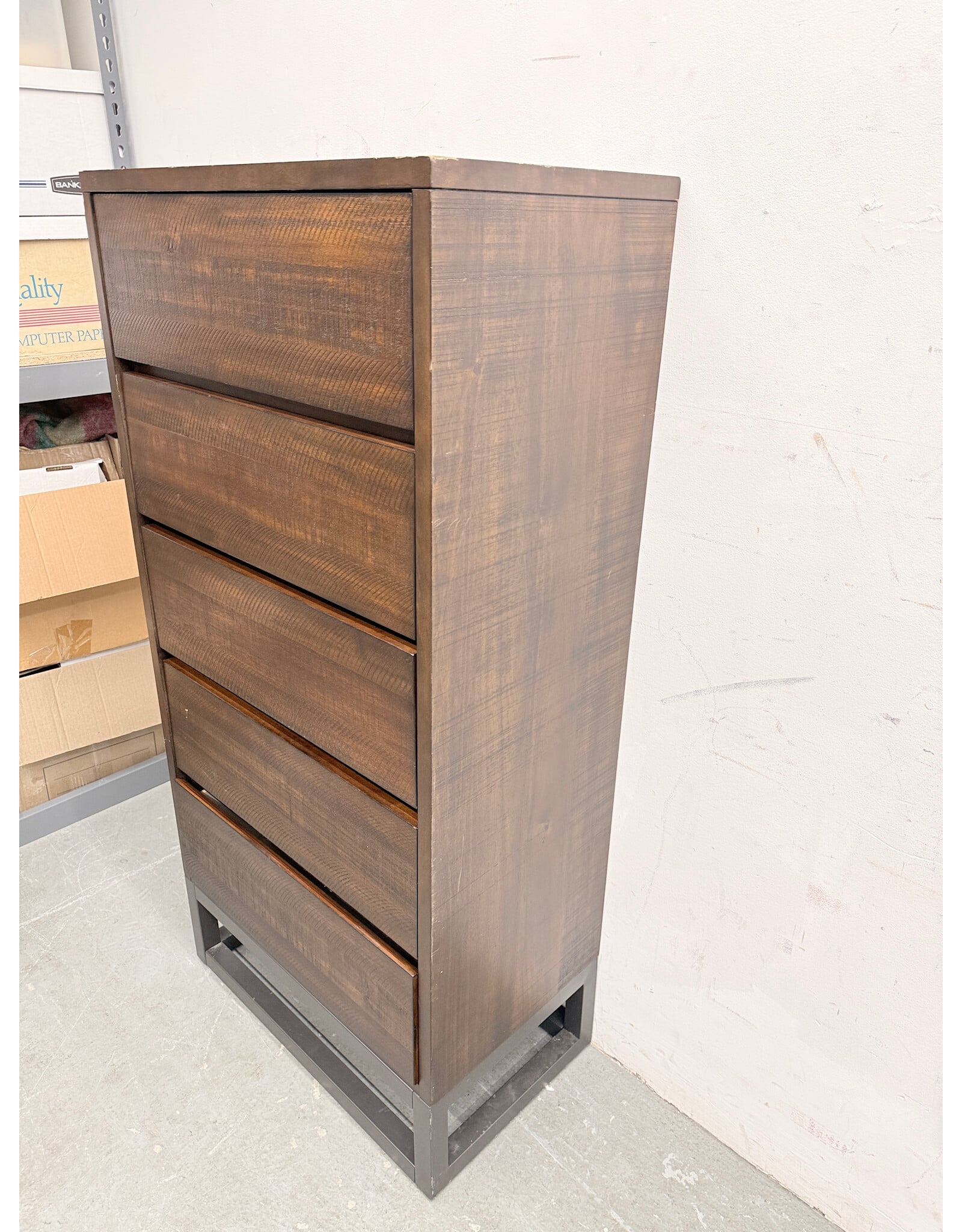 Modern Brown 5-Drawer Wood Dresser with Metal Base