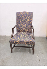 High-Back Upholstered Armchair with Dark-Stained Wooden Arms and Legs