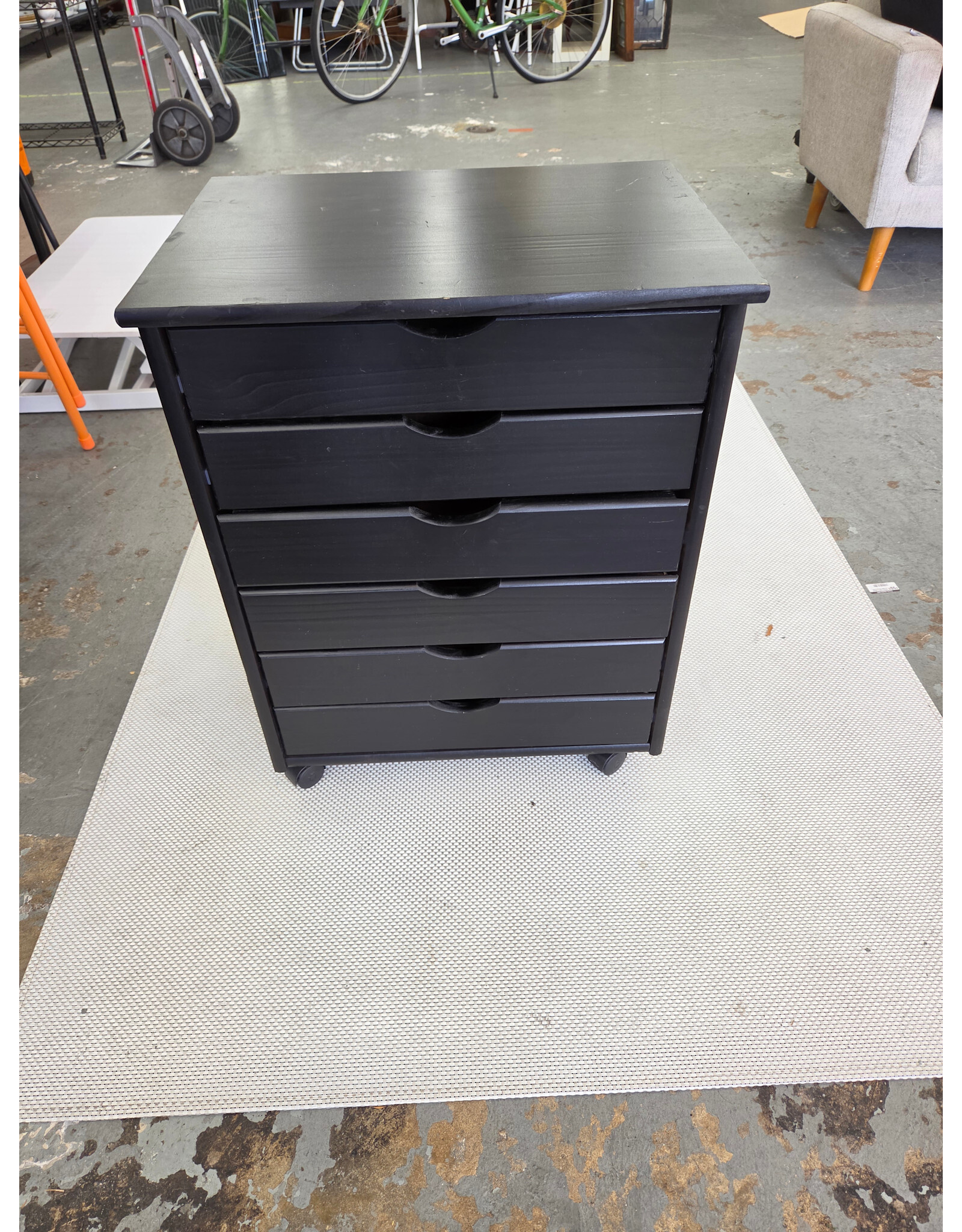 Black Solid Wood 6-Drawer Wide Rolling Storage Cart