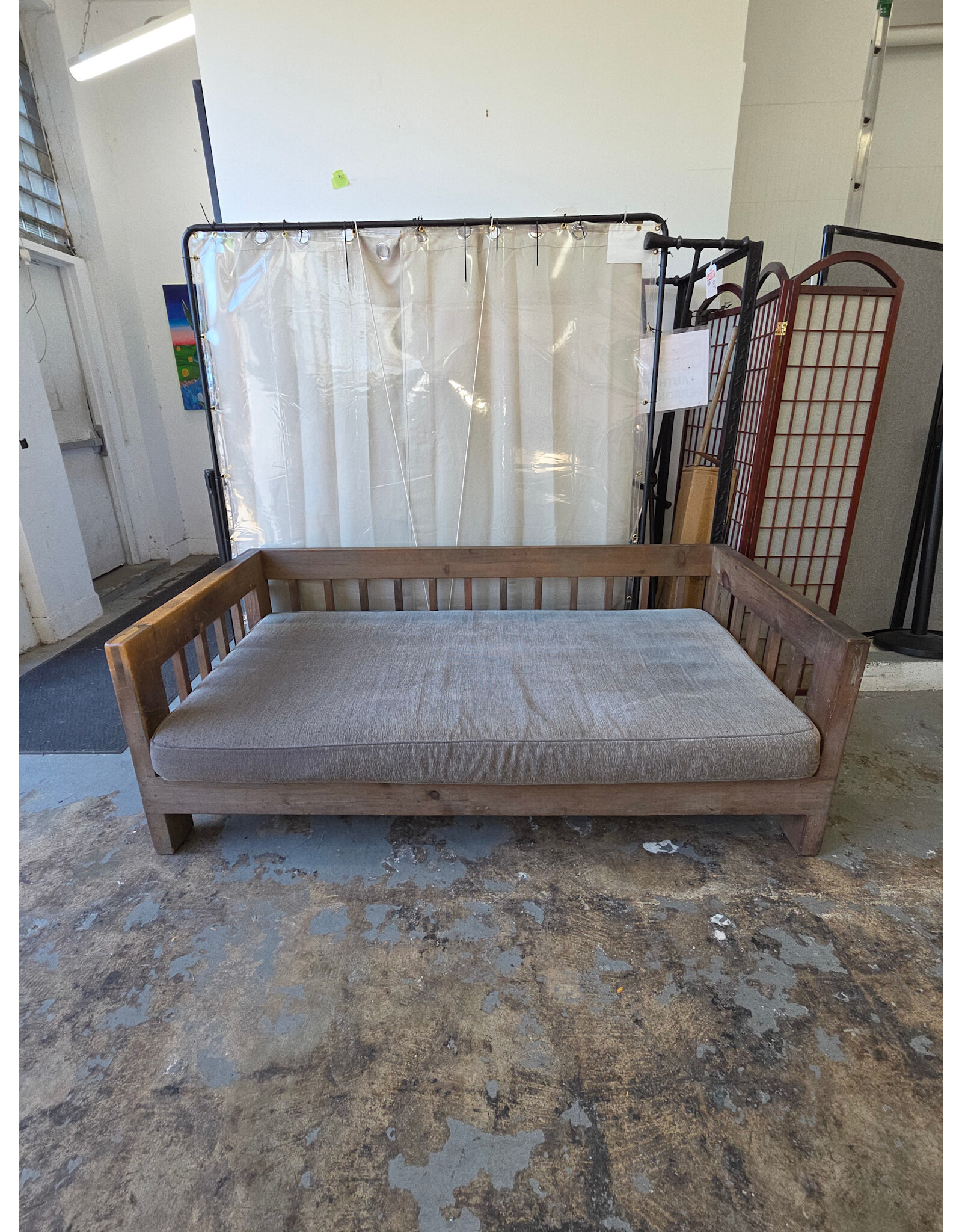 Wooden Slatted Daybed Frame With Light Gray Cushion