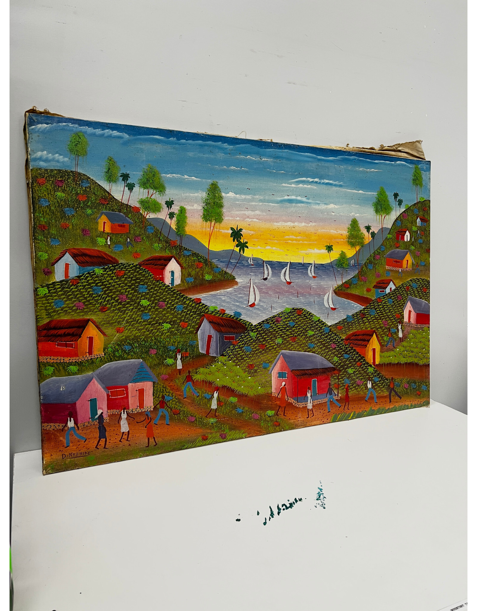 Island Life, framed Haitian Folk Painting on Canvas, sgnd D. Nazaire