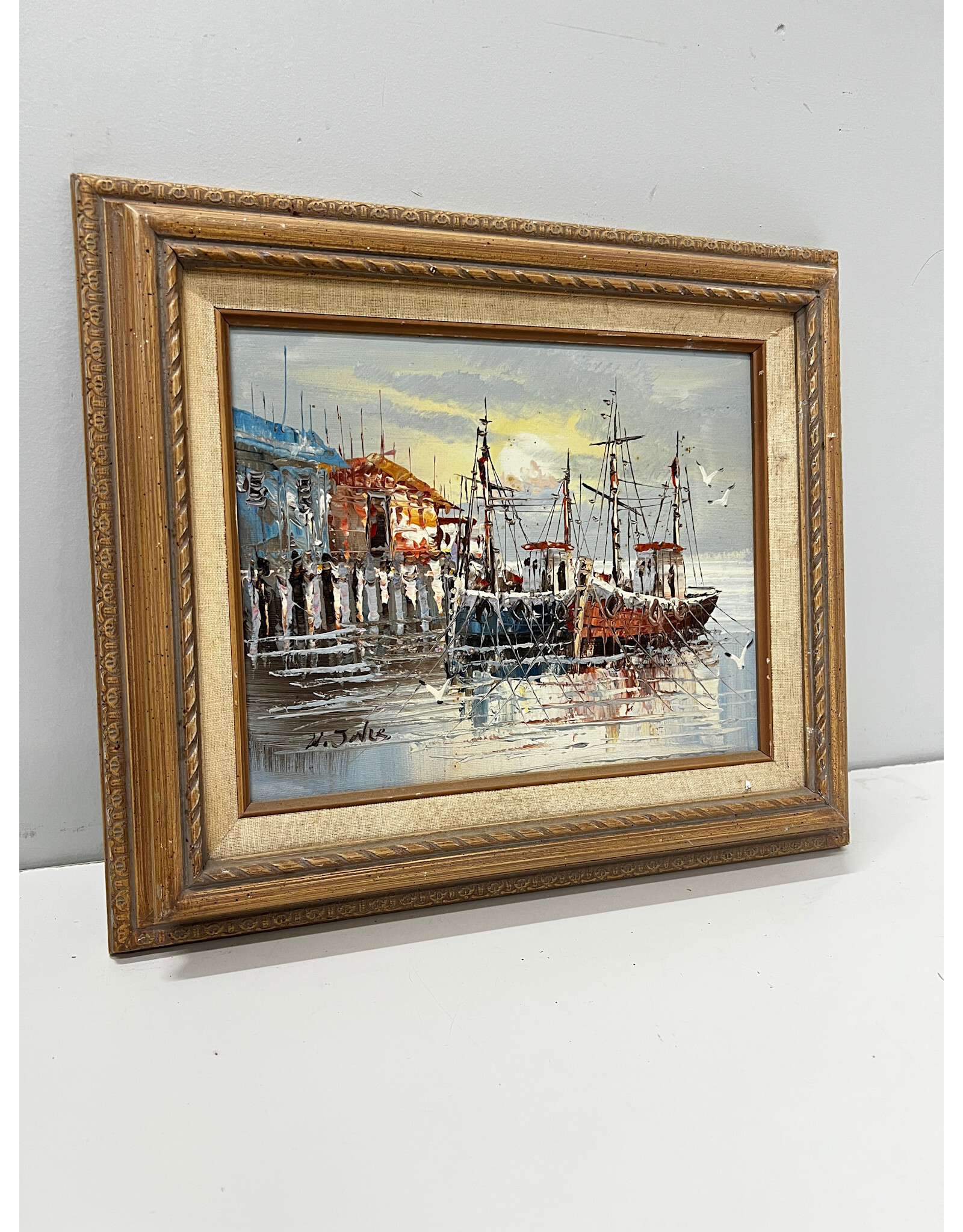 Harbor, framed painting on canvas, sgnd W. Jones