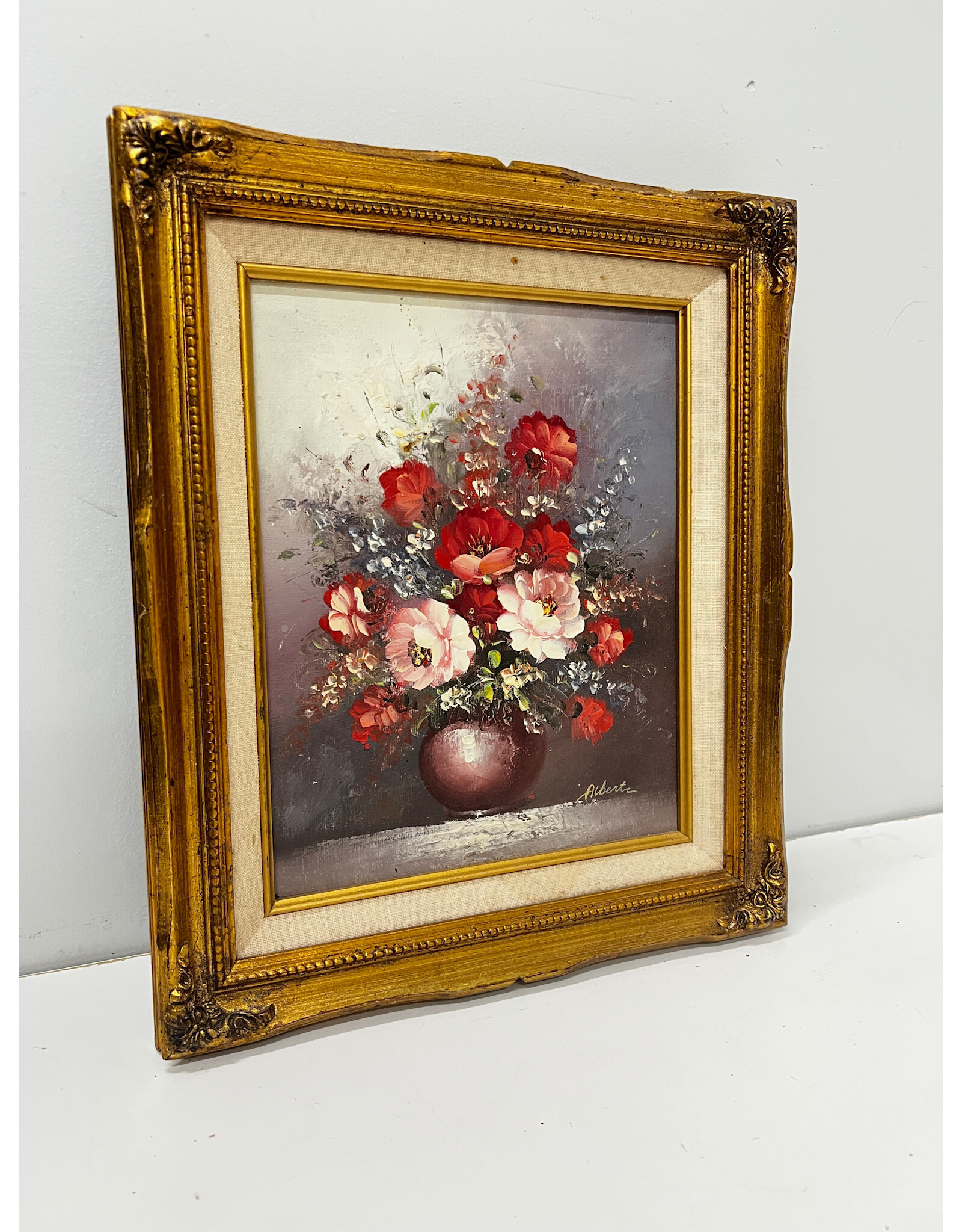 Pink Bouquet, framed painting on canvas, sgnd Alberte