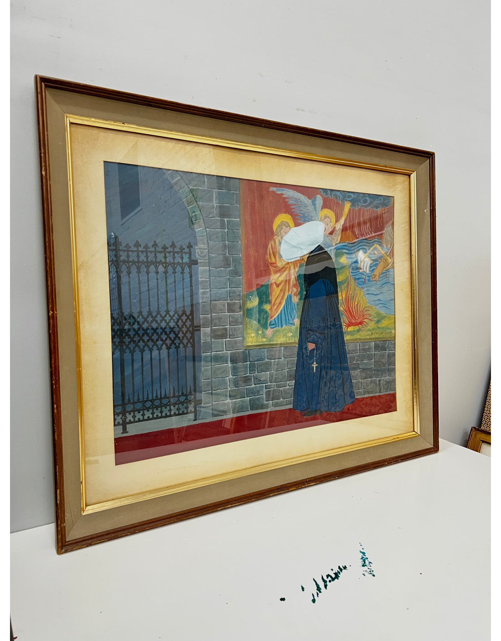 Behind Church Walls, framed mixed media, signed C. Fuller Quin