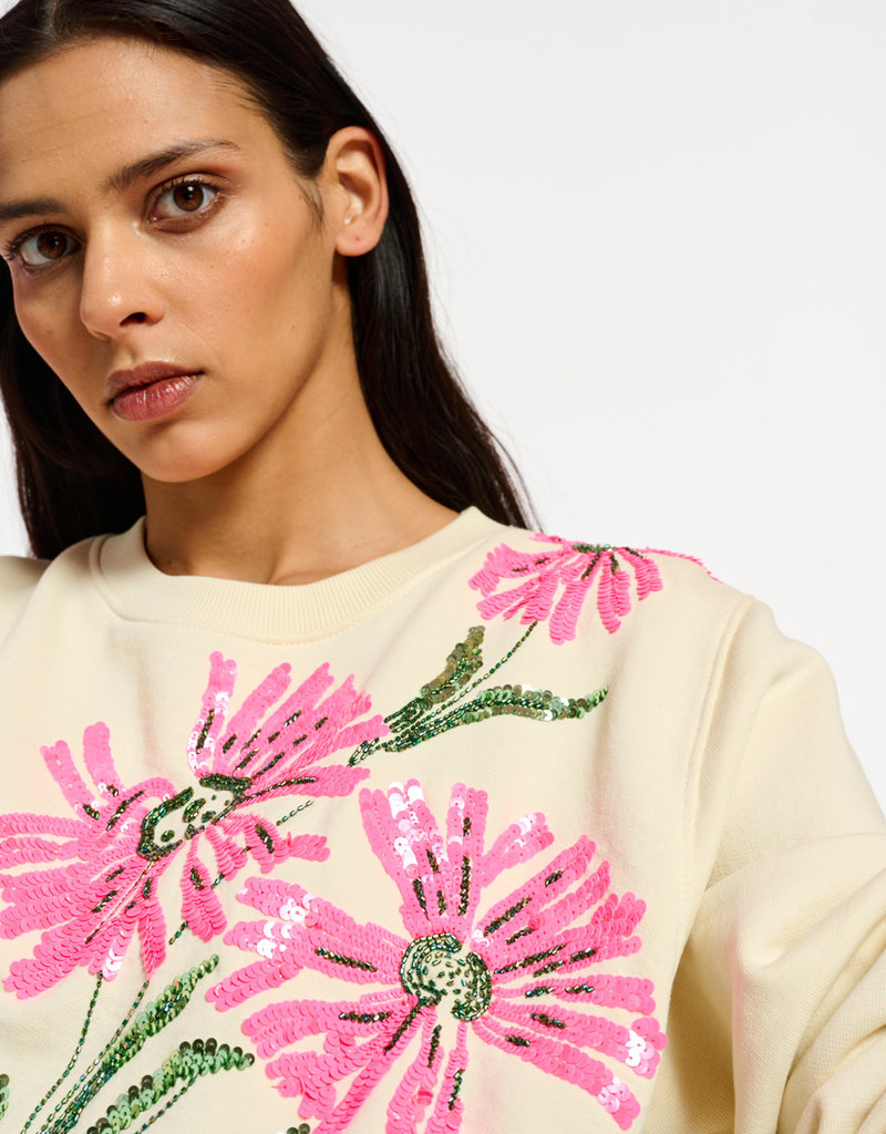 Embroidered Sweatshirt - Cream/flowers - Ladies