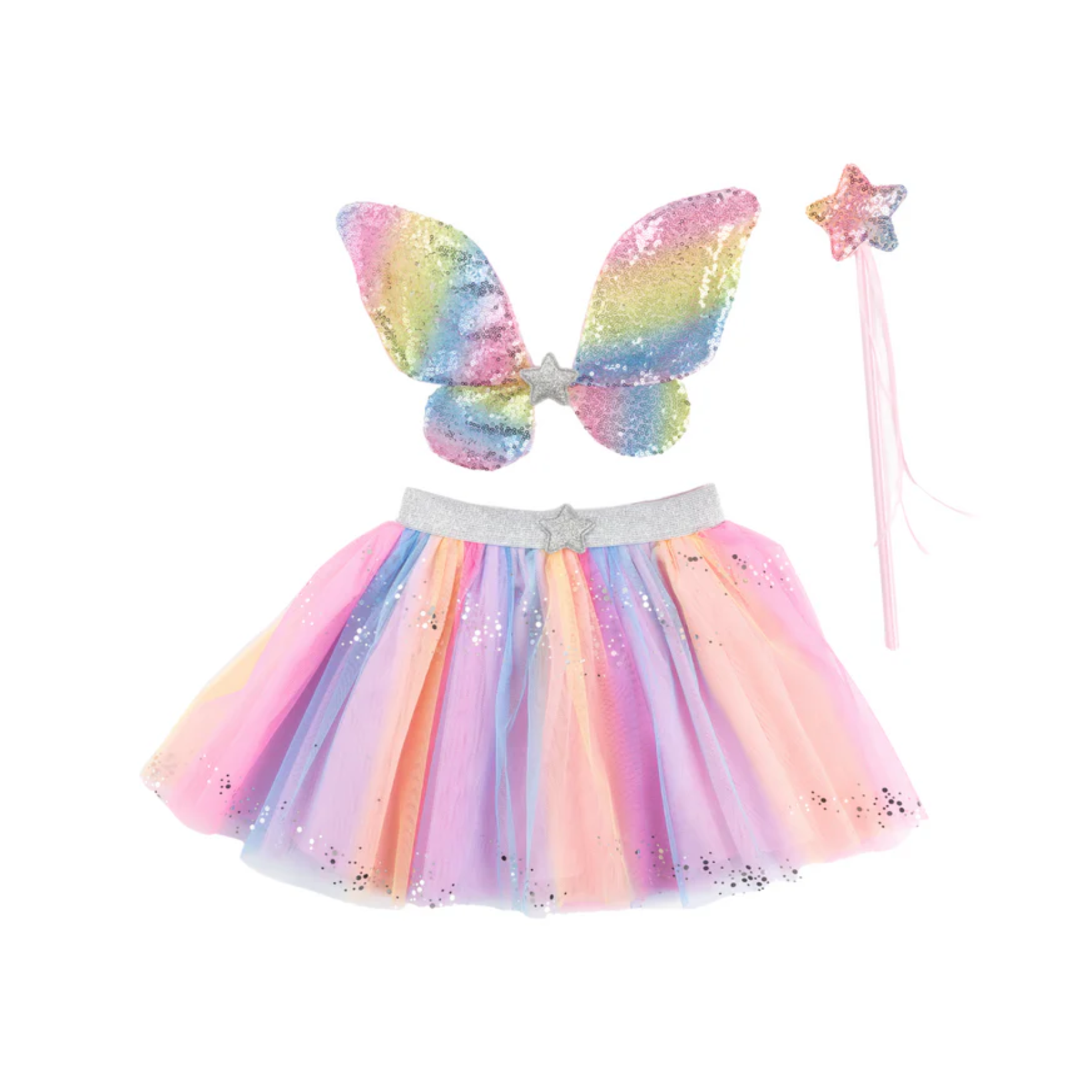 Great Pretenders Rainbow Sequins Skirt with Wings and Wand (size 4-6)