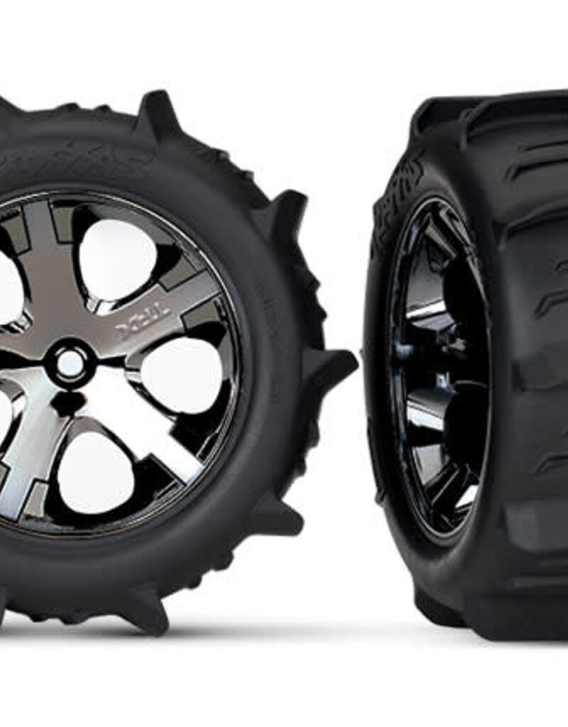 Traxxas 3776 Tires & wheels, assembled, glued (2.8') (All-Star black chrome wheels, paddle tires, foam inserts) (2WD electric rear) (2) (TSM rated)